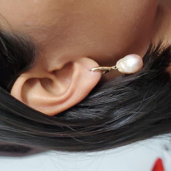 14K Gold Asian South Sea Baroque Pearl Dangle Earrings - Picture 5 of 6